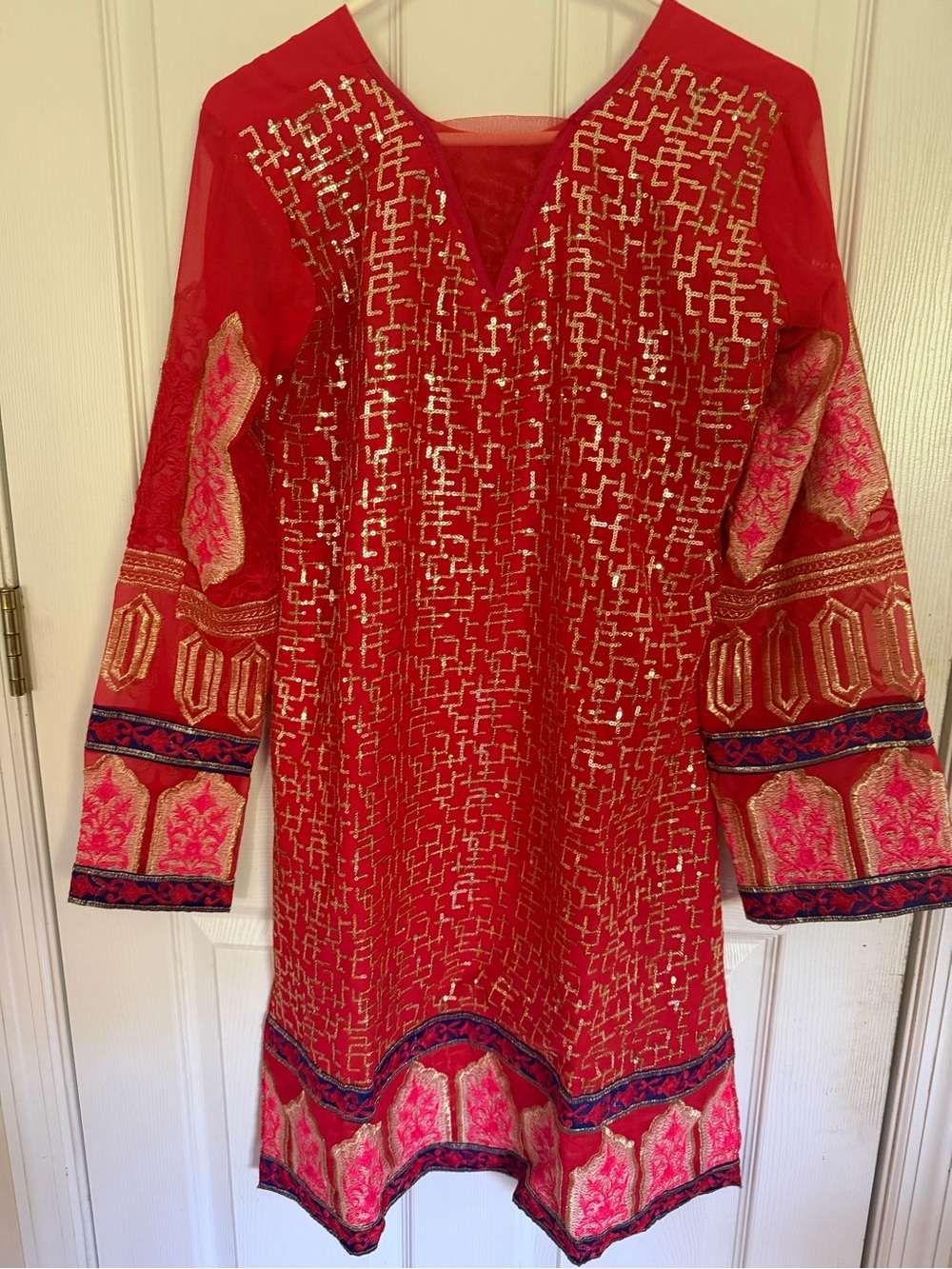 Womens Red Embroidered Sequin kurti palazzo set